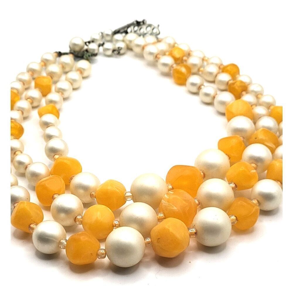 Vintage 50s Triple Strand Acrylic Pearl and Orangs Beads Signed Japan  17in